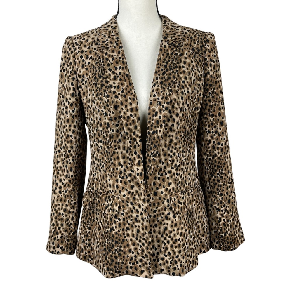 LOFT Petites Blazer Jacket 6P Brown Black Leopard Animal Print Open Front Career - Picture 1 of 12